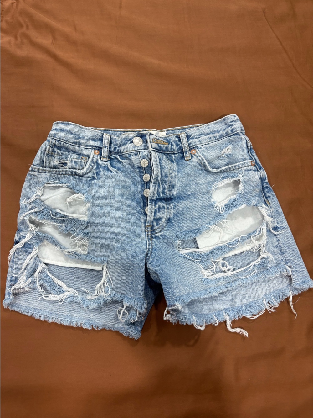 Free People Light Blue Distressed Button-Front Denim Shorts